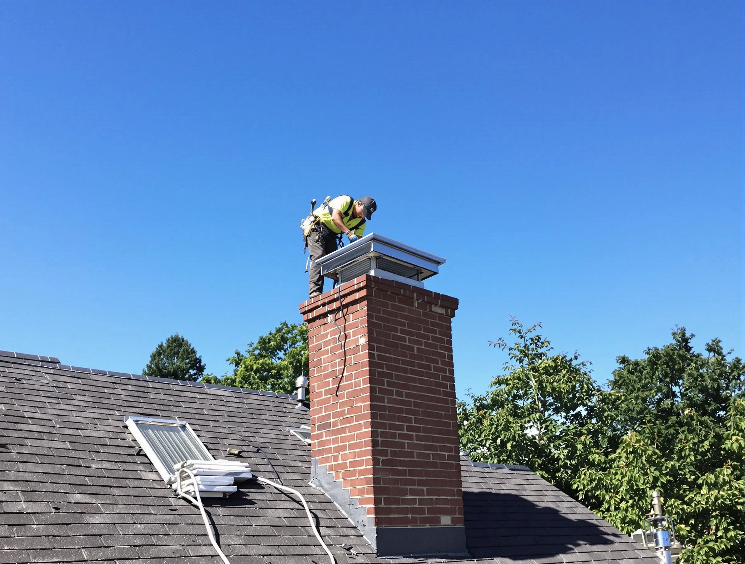 Powder Springs Chimney Sweep technician measuring a chimney cap in Powder Springs, GA